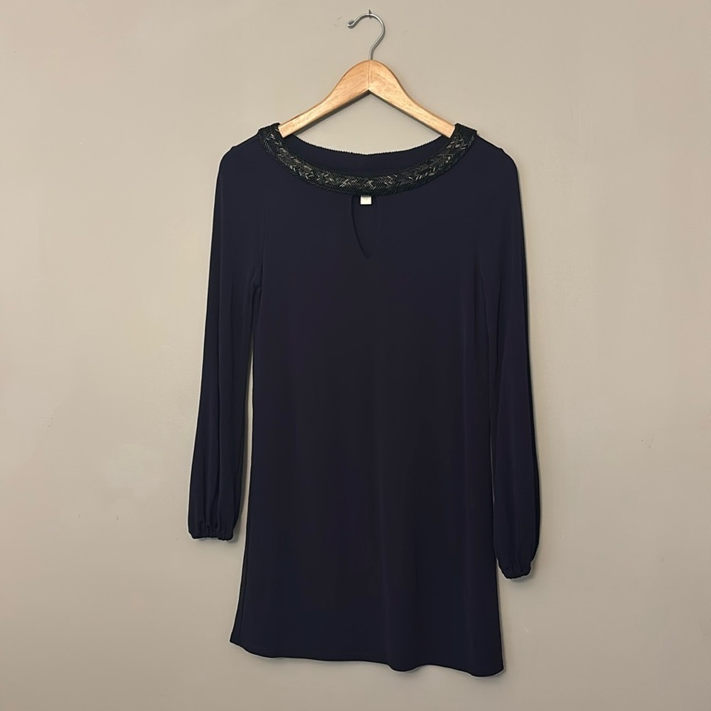 ERIN BY ERIN FETHERSTON Navy Shift beaded neck  mini shift dress Sz 0 Classic